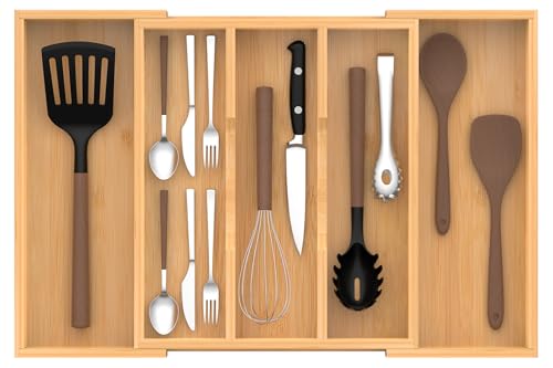 Bamboo Kitchen Utensil Drawer Organizer,Expandable Cutlery Tray