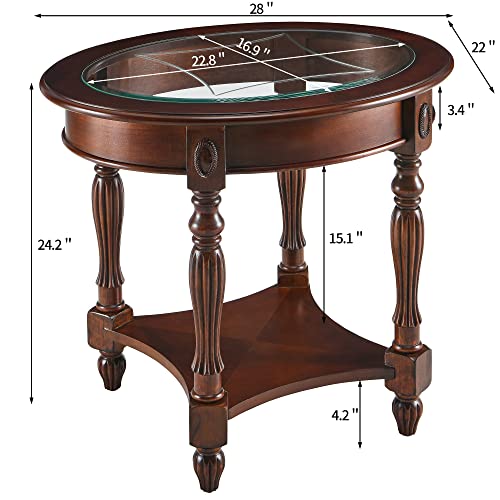 Oval Round Glass End Table, 2-Tier Solid Wood Glass Top End Side Tables, Traditional Victorian Nightstand for Bedroom Living Room Office, 28" W x 22" D x 24.2" H, Cherry Walnut CJZ-1533-GT - view 3