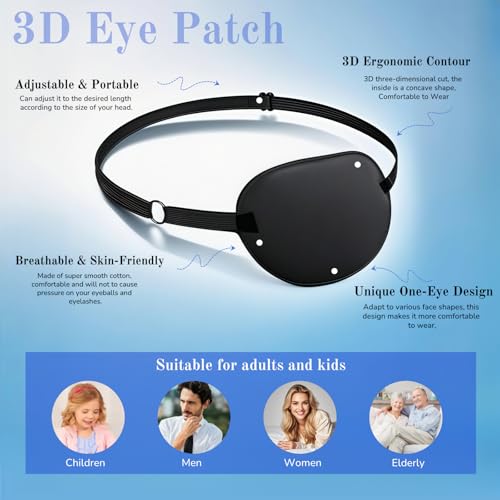 Eye Patches for Women & Men, 3D Adjustable Eye Patch, Strabismus Lazy Eyepatch for Left or Right Eye, 2Pcs, Black+Black - view 4