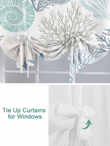 Tie Up Curtain for Windows, Blue Ocean Shells Coral Balloon Rod Pocket Curtains Adjustable Tie-up Shade Valance for Kitchen, Conch Starfish Marine Life Window Treatment 1 Panel 36x45in - view 4