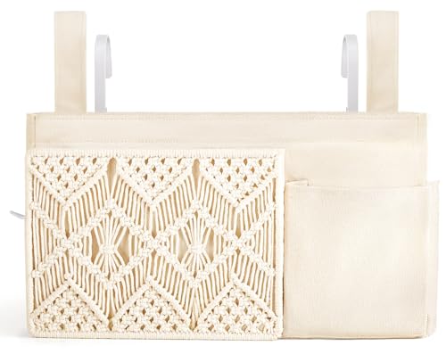 Bedside Caddy, Macrame Hanging Organizer, 4 Pockets Ivory Metal Hooks
