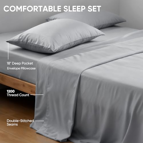 Real 100% Viscose Derived from Bamboo Sheets Set Queen Size, Cooling & Silky Soft for Hot Sleeper, Breathable & Moisture Wicking Fabric, 18" Deep Pocket with Corner Straps (Gray, Queen) - view 5