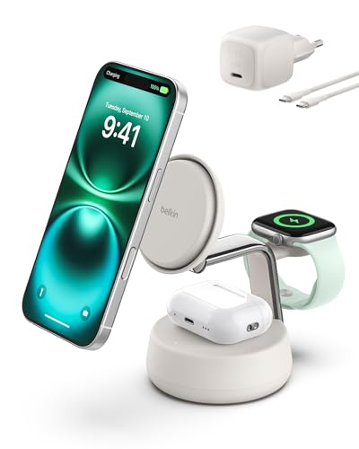 UltraCharge Pro MagSafe 3-in-1 Qi2 25W Wireless Charger for iPhone 16, Apple Watch, AirPods, Pixelsnap, Travel and Desktop Stand, 45W Adapter, Sand
