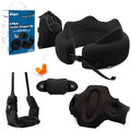 4-in-1 Travel Comfort Set with Self-Inflating Neck Pillow, Convertible Foot Hammock and Lumbar Cushion, 3D Sleep Mask and Earplugs for Airplane, Car and Office, Black
