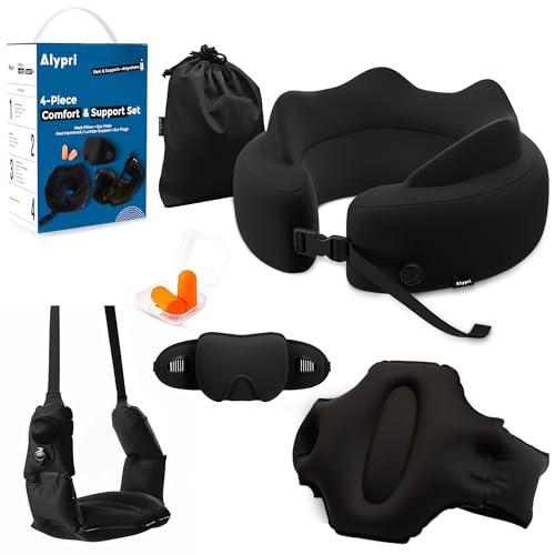 4-in-1 Travel Comfort Set with Self-Inflating Neck Pillow, Convertible Foot Hammock and Lumbar Cushion, 3D Sleep Mask and Earplugs for Airplane, Car and Office, Black