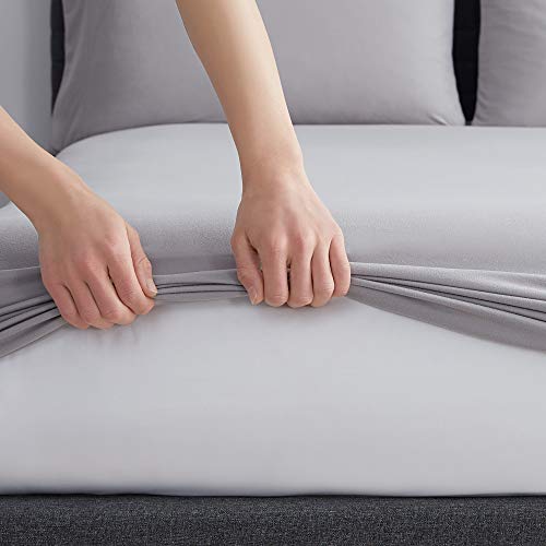 Jersey Knit Microfiber Bed Sheet Set - Premium Soft & Breathable Stretch Deep Pocket Knitted Jersey Sheet Set - Twin, Silver - view 3