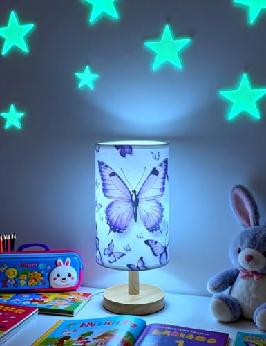 Butterfly Lamp Purple Desk for Kids Lamp,3 Colors Nightstand Light Lamp, Round Wood Base Flaxen Fabric Desk Lamp, Butterfly Light Gift for Gir (LED Bulb Included) (Butterfly) - view 4