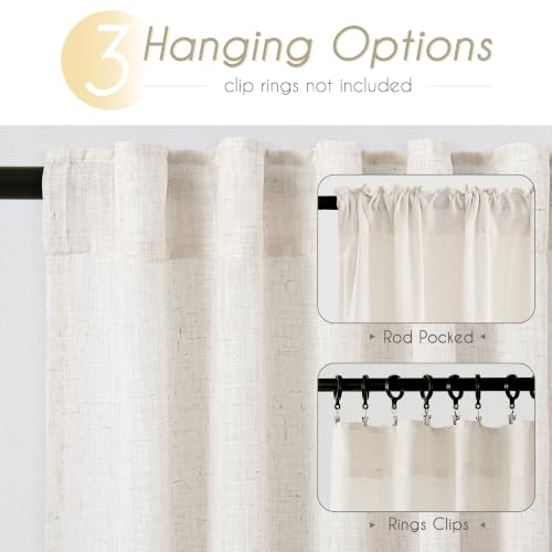 Cream Linen Curtains 72 inch Long 2 Panel Set for Living Room Back Tab Rod Pocket Semi Sheer Light Filtering Bedroom Window Curtain Modern Farmhouse Rustic Neutral Ivory Linen Drapes - view 2