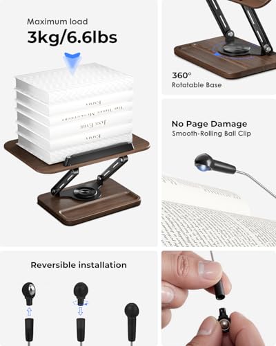 Book Stand for Reading, Book Holder 360° Rotating Base with Pen Slot, Foldable Reading Display Stand with Elastic Page Clips for Cookbook, Recipe, Textbook, Tablet, Laptop - view 6