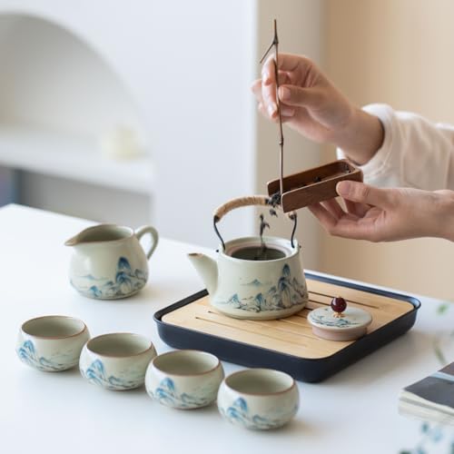 Chinese Gongfu Tea Set, 7-Piece Ceramic Set with Landscape Design, Travel Case, Spill-Proof Tray, Gift Box - view 5