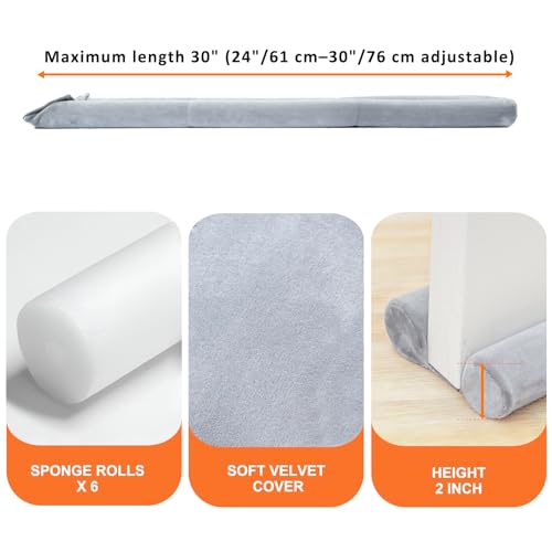 Under Door Draft Stopper 24-30" Adjustable Wind Stopper for Door & Window, Foam Door Sweep Air & Noise Blocker for Bottom of Doors Double Side Seal - Spandex Super Soft Grey - view 2
