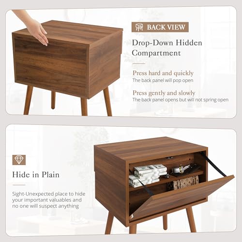 Hidden Compartment Nightstands, Mid Century Modern Concealment Furniture, Bedside Table with Wood Legs, End Table with Storage Drawer for Bedroom (1,Walnut) - view 4