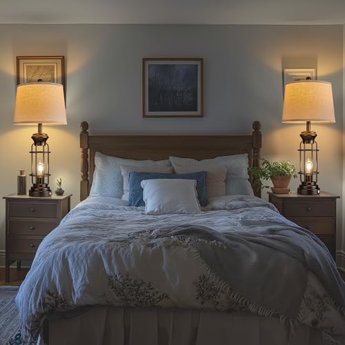 Table Lamp Set of 2 with USB Ports, 28" Tall Farmhouse Table Lamp with 2 Nightlight Bulbs,Touch Control Table Lamps for Bedroom, Rustic Bedside Lamp for End Tables,Bulbs Included,Black - view 2