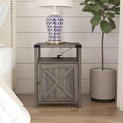 Farmhouse Nightstand with Charging Station, Rustic End Table, Grey - view 5