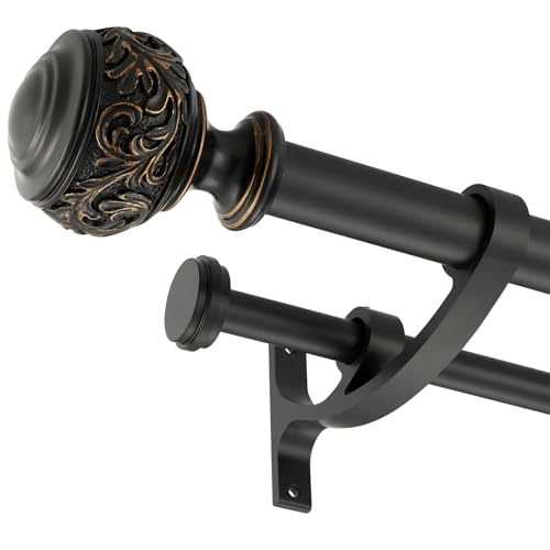 Double Curtain Rod, 1 inch Window Telescoping Drapery Double Rod 144 to 164 Inches (12-13.6 Feet), Classical Ball Finials,Premium Aluminum Brackets,Matte Black