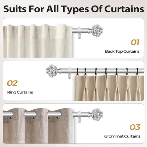 1 Inch Curtain Rods 72 to 144 Inches (6 to 12 ft) Telescoping Single Drapery Rod, Heavy Duty Curtain Rods for Windows with Silver Decorative Translucent Finials - view 5