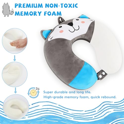 Travel Pillow, Kids Travel Pillow with Sleep Eye Mask Soft Memory Foam Kids Neck Pillow for Boys & Girls, Travel Accessories for Car Airplane Traveling - Wolf - view 3