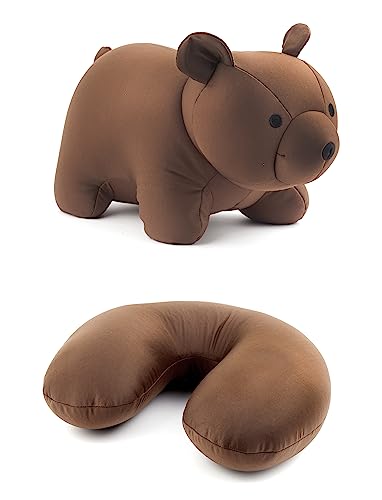 Zip and Flip Brown Bear Travel Comfortable & Breathable Soft Neck Pillow, Grey, for Sleeping, Flight Head Rest, Easy to Carry, Neck Support