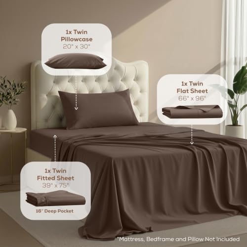 Twin Sheets Set, 3 Pieces 16" Deep Pocket Hotel Luxury Bed Sheets, Brown - view 2