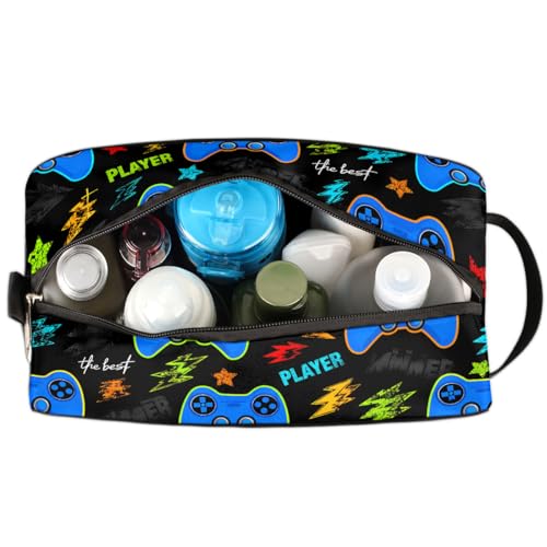 Kids Travel Toiletry Bag - Blue Game Gamepad Waterproof Hanging Cosmetic Hygiene Bags for Boys Men - Large Shave Kit for Toiletries Accessories Bathroom Stuff - view 3