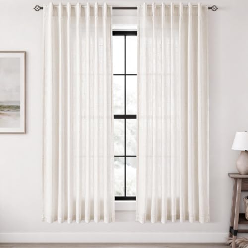 Cream Linen Curtains 72 inch Long 2 Panel Set for Living Room Back Tab Rod Pocket Semi Sheer Light Filtering Bedroom Window Curtain Modern Farmhouse Rustic Neutral Ivory Linen Drapes