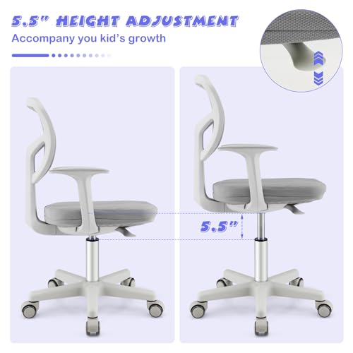 Kids Desk Chair, Adjustable Children Study Computer Chair with Arms & Wheels, Student Swivel Rolling Task Chair, Ergonomic Kids Office Chair for Boys Girls Age 4-12, Home Bedroom School, Grey - view 4