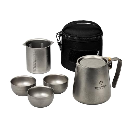 Titanium Tea Set, Portable Kung Fu Tea Pot with 3 Tea Cups, Double-layer Teapot with Strainer, Lightweight Tea Make for Outdoor Camping Backpacking Coffee