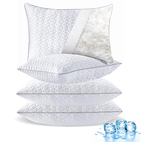 Cooling Shredded Memory Foam Pillows Queen Size Set of 4, 20" x 30", White