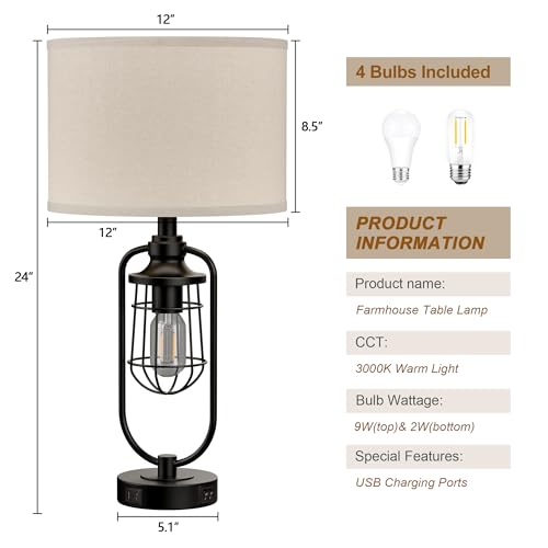 24" Farmhouse Black Table Lamps Set of 2 for Living Room, USB A+C - view 6