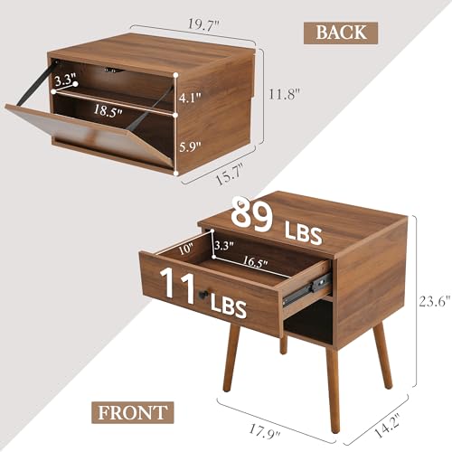Hidden Compartment Nightstands, Mid Century Modern Concealment Furniture, Bedside Table with Wood Legs, End Table with Storage Drawer for Bedroom (1,Walnut) - view 3