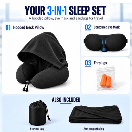 4 Pack Travel Sleep Set,Hooded Neck Pillow,Arm Wrap,Sleep Mask & Earplugs - view 6