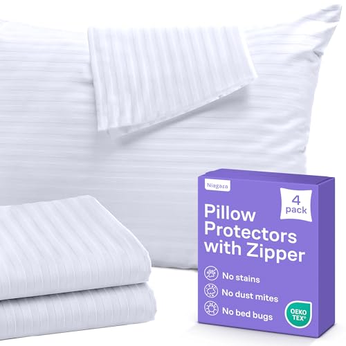 Set of 4 Pillow Protectors with Zipper Standard Size - 100% Resistant to Stains, Dust & Dirt - Washable Covers for Increased Pillow Lifespan