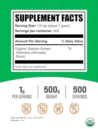 .com Organic Valerian Extract Powder - Sourced from Valerian Root, Herbal Supplement - Gluten Free, 1g per Serving, 500g (1.1 lbs) (Pack of 1) - view 2