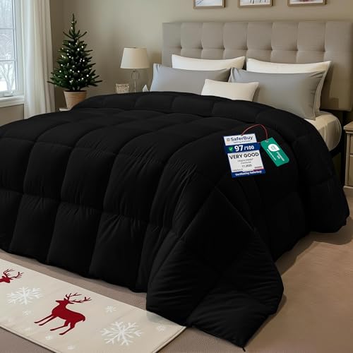 Comforter Duvet Insert, Quilted Comforter with Corner Tabs, Box Stitched Down Alternative Comforters (Black, King UK)