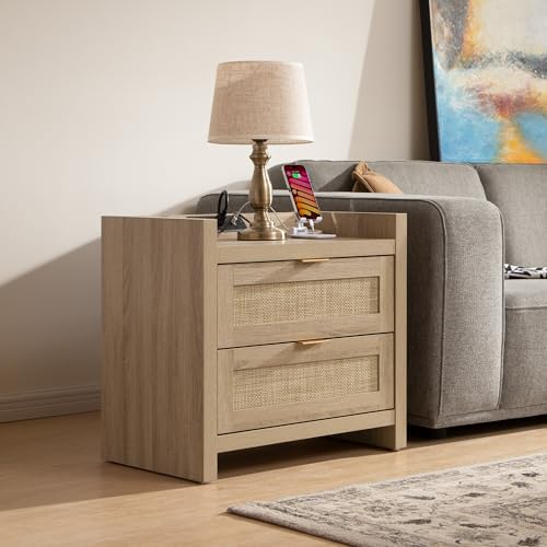 Rattan Night Stand for Bedroom, Bedside Table with 2 Drawers - view 5