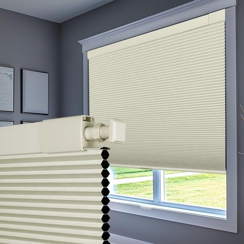 No Drill Blinds for Windows Blackout Cellular Shades Cordless No Tools Honeycomb Blinds Pull Down Easy Install for Home and Office, Beige
