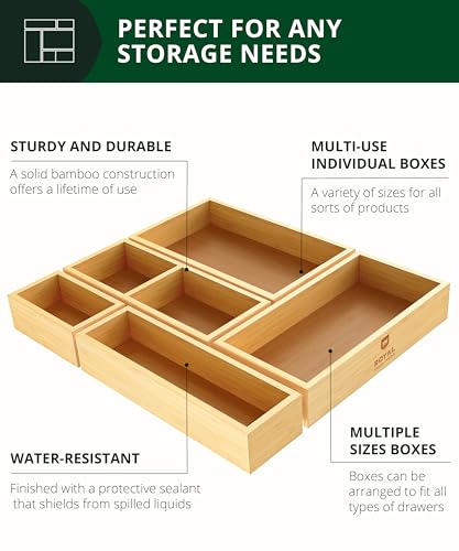 5-Piece Bamboo Drawer Organizer Set – Multi-Use Storage Trays for Kitchen, Bathroom, Office, Makeup, Jewelry & More – Junk Drawer Tray, Utensil Holder, Storage Box & Bin Set (5 Boxes) - view 3