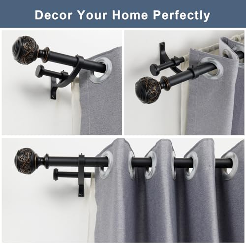 Double Curtain Rod, 1 inch Window Telescoping Drapery Double Rod 144 to 164 Inches (12-13.6 Feet), Classical Ball Finials,Premium Aluminum Brackets,Matte Black - view 2
