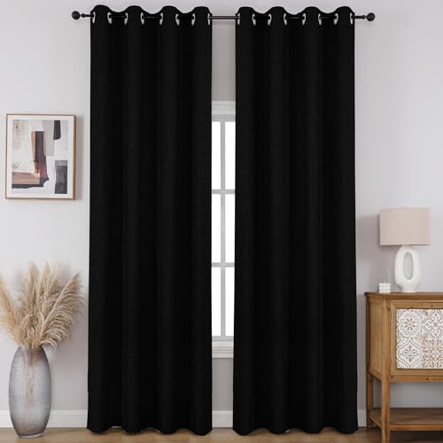 100% Blackout Window Curtains 72 inches Long 2 Panels Set, Faux Linen Look Thermal Insulated Grommet Drapes, Room Darkening Curtain for Bedroom Living Room(W52 x L72 Inch, Black)