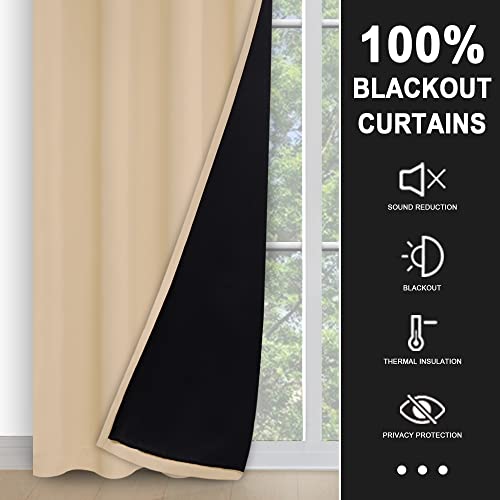 Thermal Insulated Curtains 100% Blackout Curtains for Bedroom 45 Double Layer Grommet Curtains with Black Liner Thermal Insulation Drape Full Room Darkening Beige 52”W x 45”L 2 Panels - view 3
