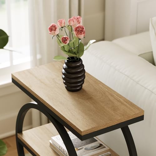 End Table Set 2, Side Table with 3-Tier Storage Shelves, Small Sofa Side Table for Living Room, Wooden Side End Table with Double Round Metal Legs, Slim Nightstand and Bedside Table, Oak - view 5