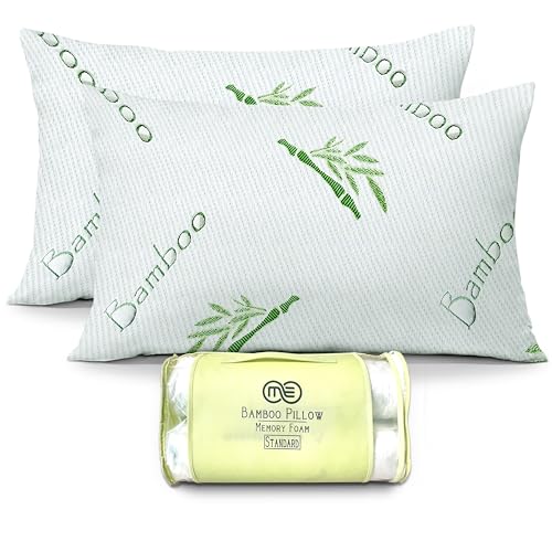 2 Pack Standard Size Rayon Derived from Bamboo Pillow for Sleeping Shredded Memory Foam Bed Pillows for Side, Back and Stomach Sleepers, Soft, Cooling, Adjustable and Washable Cover 20" x 26"