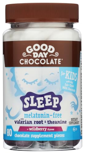 Natural Valerian Root for Kids, Herbal Sleep Aid Supplement, Organic Wildberry Flavor, Fair Trade and Non-GMO Chocolate, L-Theanine, 80 Pieces