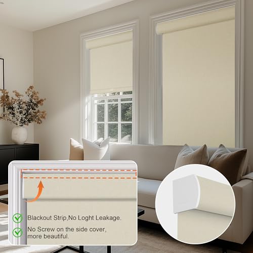 100% Blackout Roller Shades for Windows, Cordless Linen Fabric Roller Blinds,Thermal Insulated Fabric Roller Window Shades for Home,Office,Bedroom,Door,41" W x 108" H,Beige - view 3