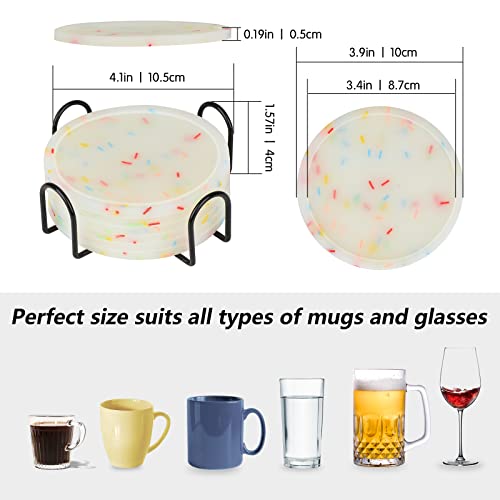 Silicone Coaster with Holder,Cute Drink Coasters for Nightstand,Glow in Dark, Gift Idea, Sprinkle Cup Coasters for Drinks, Desk Coasters in Office, Patio,Rubber Coaster Set, 6 pcs, Clear White - view 2