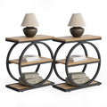 End Table Set 2, Side Table with 3-Tier Storage Shelves, Small Sofa Side Table for Living Room, Wooden Side End Table with Double Round Metal Legs, Slim Nightstand and Bedside Table, Oak
