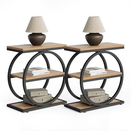 End Table Set 2, Side Table with 3-Tier Storage Shelves, Small Sofa Side Table for Living Room, Wooden Side End Table with Double Round Metal Legs, Slim Nightstand and Bedside Table, Oak