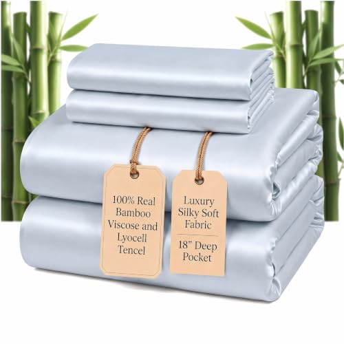 100% Real Bamboo Viscose & Lyocell Tencel Sheets Set King Size | Breathable & Cooling for Hot Sleeper | Luxury Silky Soft Fabric | 18" Deep Pocket with Corner Straps (French Blue, King)