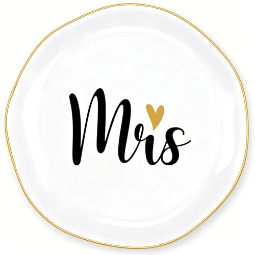Engagement Wedding Mrs Ring Dish, Ceramic 4 × 4 inch Jewelry Dish for Rings Earrings, Nightstand Beside Bathroom Trinkets Organizer Decor, Bachelorette Bridal Shower Gifts