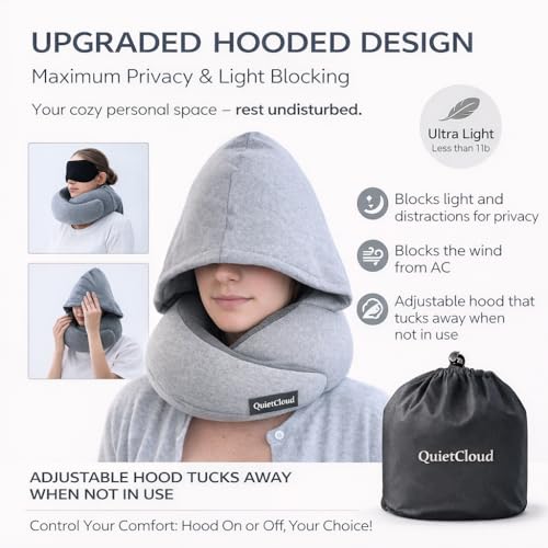 Travel Neck Pillow Hooded Memory Foam 360° Head & Chin Support, Lightweight Breathable Adjustable Fit Travel Neck Pillow with Eye Mask, Earplugs & Carry Bag for Airplanes, Car, Bus, Train & Long Trips - view 6
